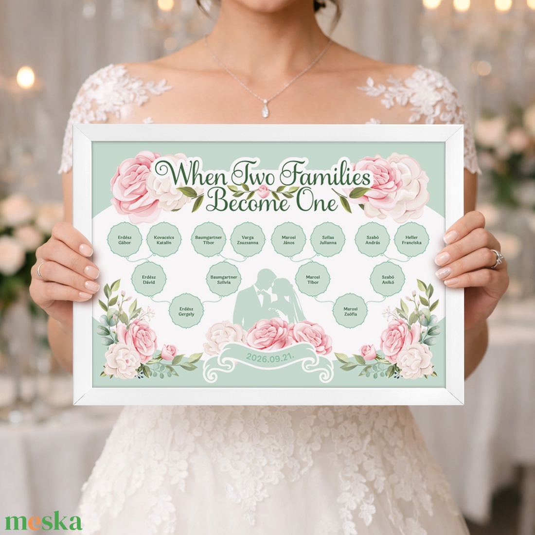 Romantikus-virágos családfa, esküvői köszönőajándék, személyre szabható, 3 generációs, A3-as - digitális termék - művészet - grafika & illusztráció - digitális - Meska.hu