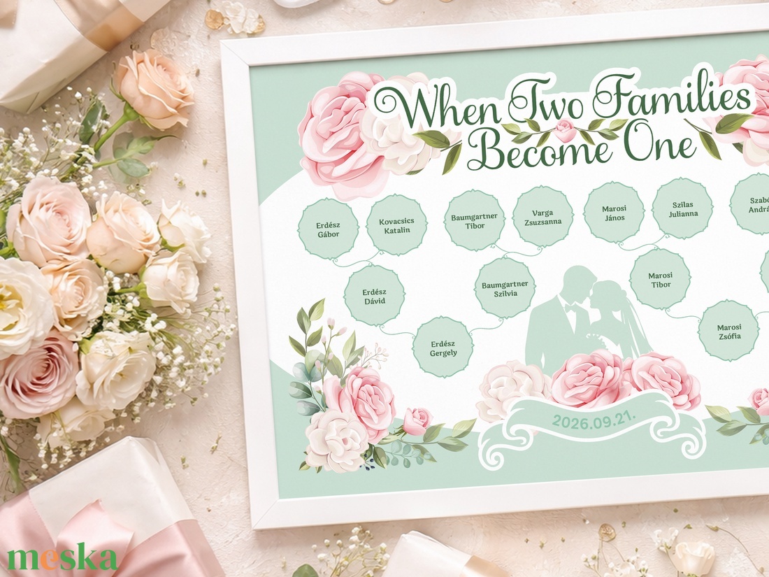 Romantikus-virágos családfa, esküvői köszönőajándék, személyre szabható, 3 generációs, A3-as - digitális termék - művészet - grafika & illusztráció - digitális - Meska.hu
