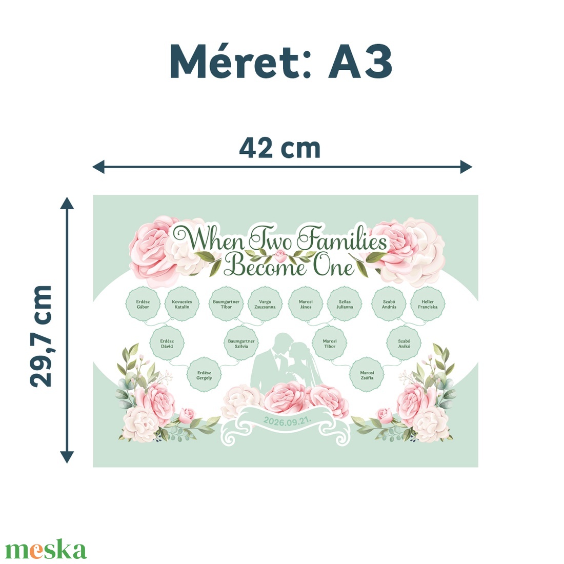 Romantikus-virágos családfa, esküvői köszönőajándék, személyre szabható, 3 generációs, A3-as - digitális termék - művészet - grafika & illusztráció - digitális - Meska.hu