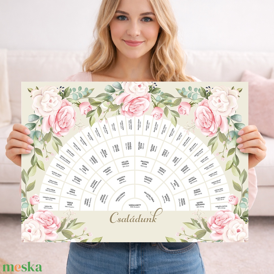 Családfa, 6 generációs, személyre szabható legyeződiagram formában, rózsamintával, A2-es méretben - digitális termék - művészet - grafika & illusztráció - digitális - Meska.hu