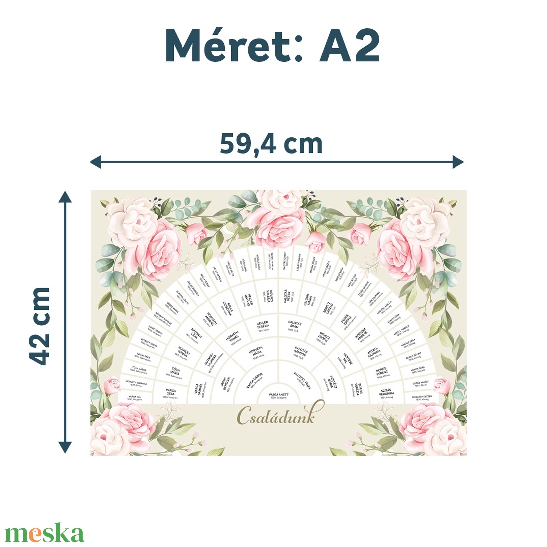 Családfa, 6 generációs, személyre szabható legyeződiagram formában, rózsamintával, A2-es méretben - digitális termék - művészet - grafika & illusztráció - digitális - Meska.hu