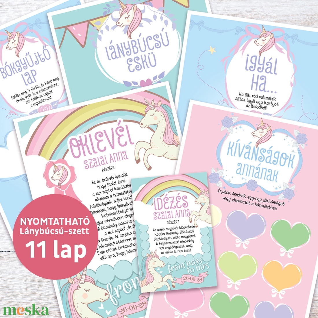 Unikornis Lánybúcsú Szett, 11 db lap, A4 méret - művészet - grafika & illusztráció - digitális - Meska.hu