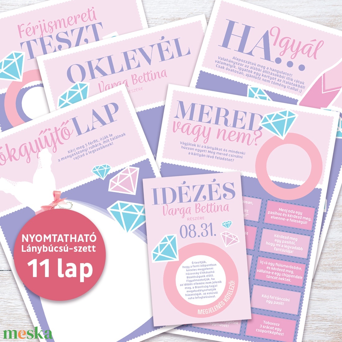 Lánybúcsú Szett, Gyémántgyűrűs mintával, 11 db lap, A4 méret - művészet - grafika & illusztráció - digitális - Meska.hu