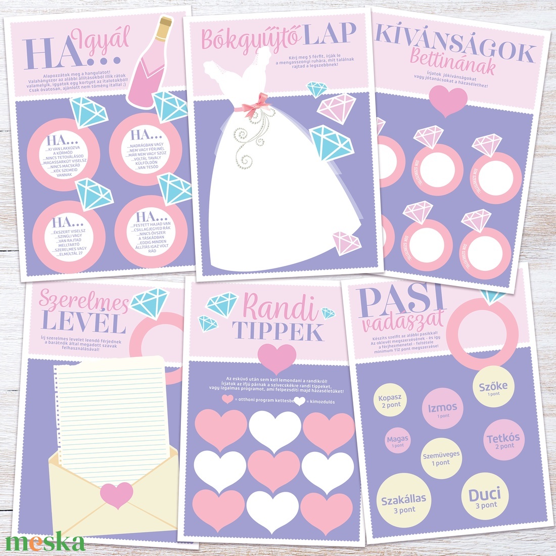 Lánybúcsú Szett, Gyémántgyűrűs mintával, 11 db lap, A4 méret - művészet - grafika & illusztráció - digitális - Meska.hu