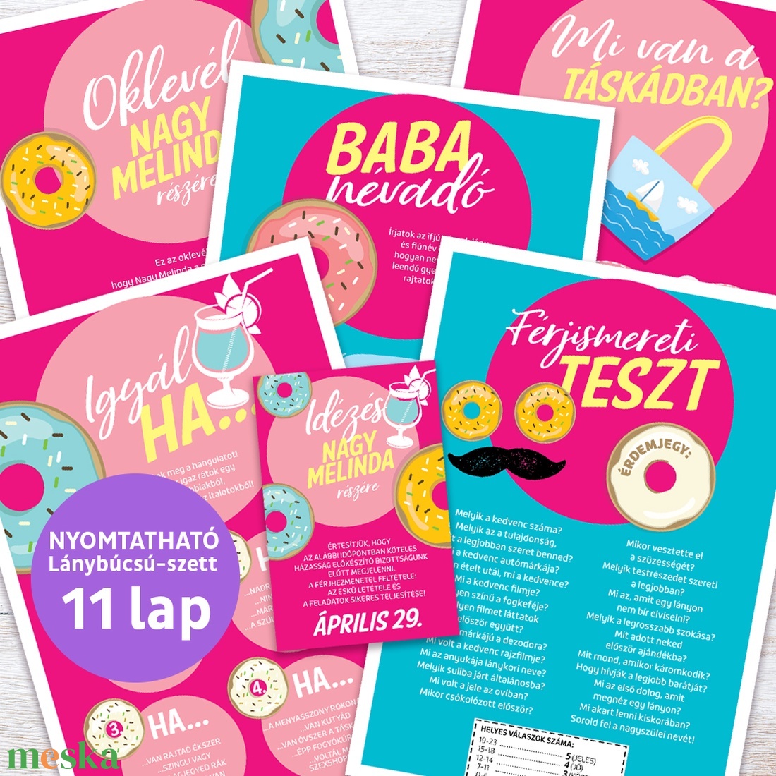 Fánkos Lánybúcsú Szett, 11 db lap, A4 méret - művészet - grafika & illusztráció - digitális - Meska.hu