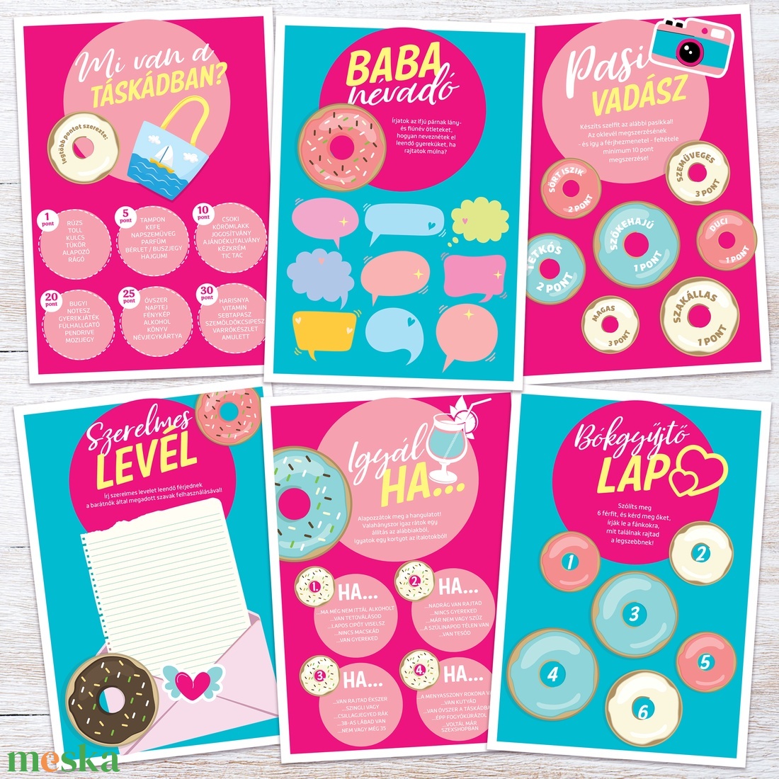 Fánkos Lánybúcsú Szett, 11 db lap, A4 méret - művészet - grafika & illusztráció - digitális - Meska.hu