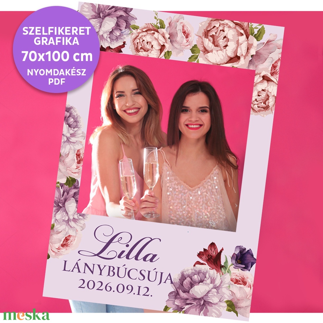 Lánybúcsú szelfikeret - nagyméretű rózsás fotókeret grafika bulira, 70�100 cm, nyomdakész fájl  - művészet - grafika & illusztráció - digitális - Meska.hu