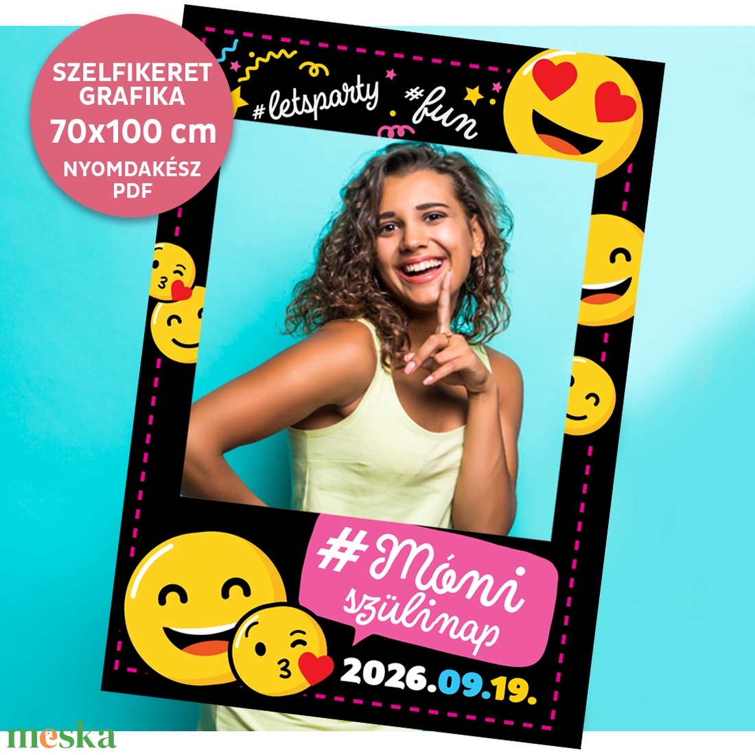 Szelfikeret emoji mintával - nagyméretű fotókeret grafika bulira, 70�100 cm, nyomdakész fájl  - művészet - grafika & illusztráció - digitális - Meska.hu