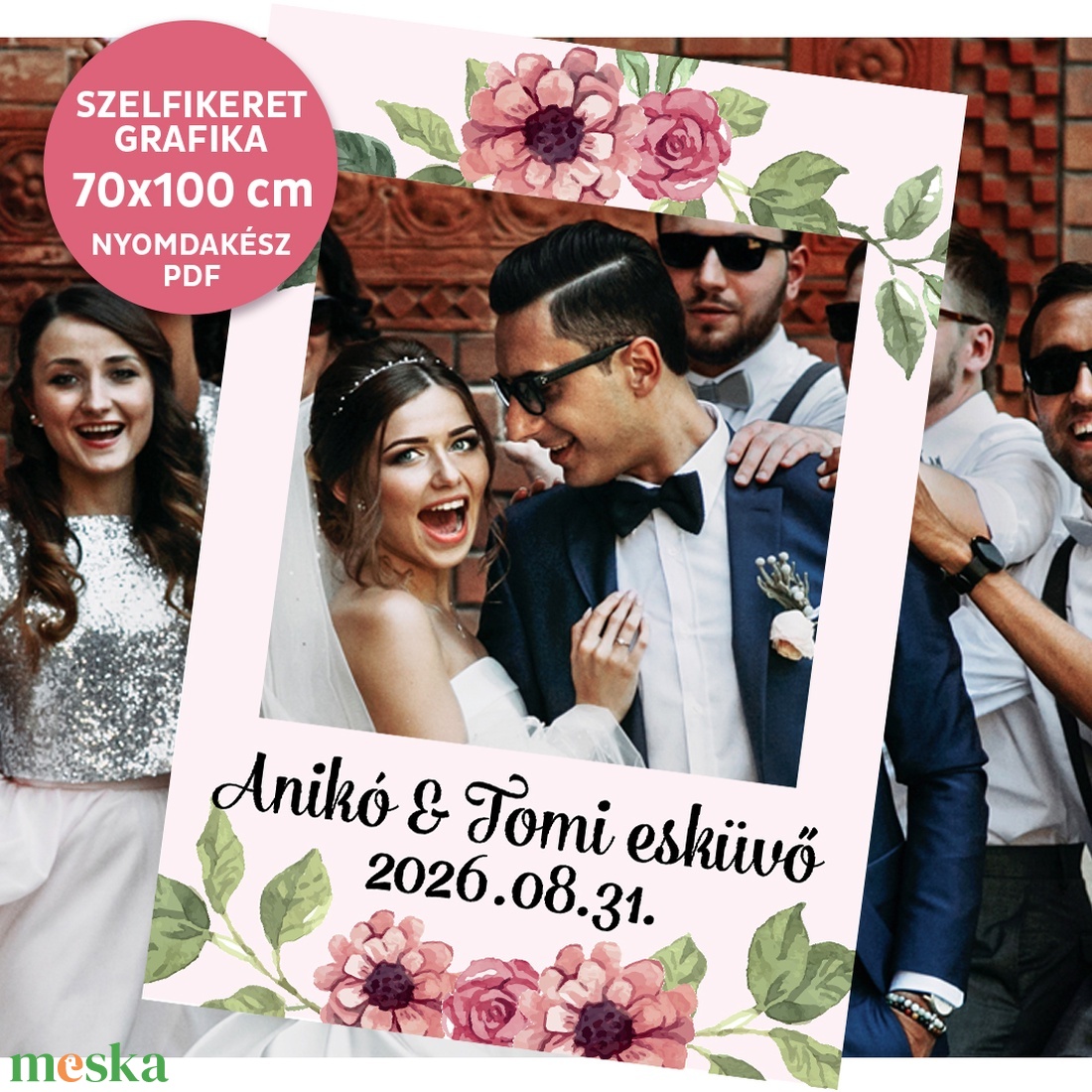 Szelfikeret grafika esküvőre, virágos mintával, 70�100 cm, nyomdakész fájl  - művészet - grafika & illusztráció - digitális - Meska.hu