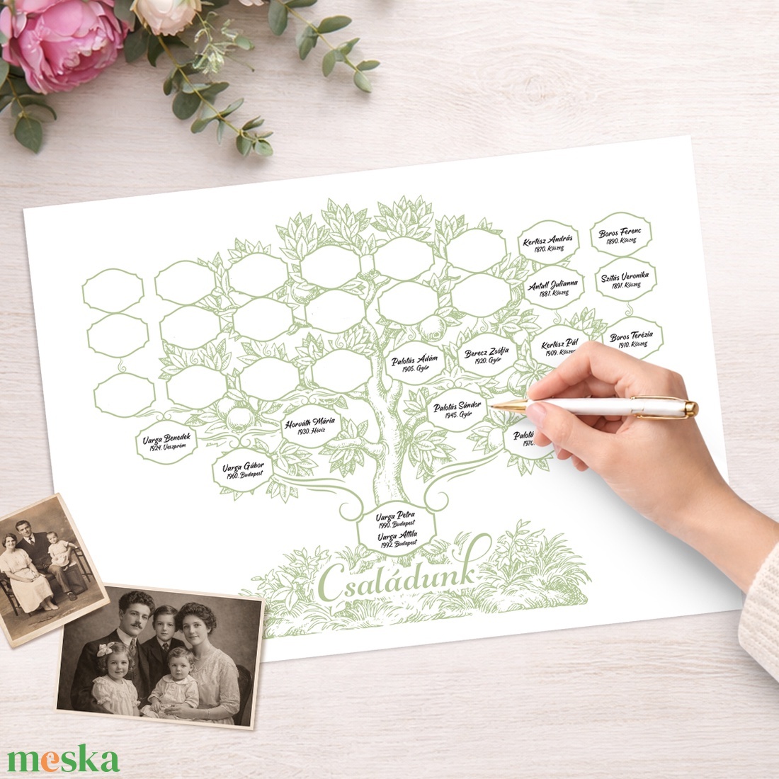Nyomtatható DIY családfa sablon, 5 generációs, A3 méretben - művészet - grafika & illusztráció - digitális - Meska.hu