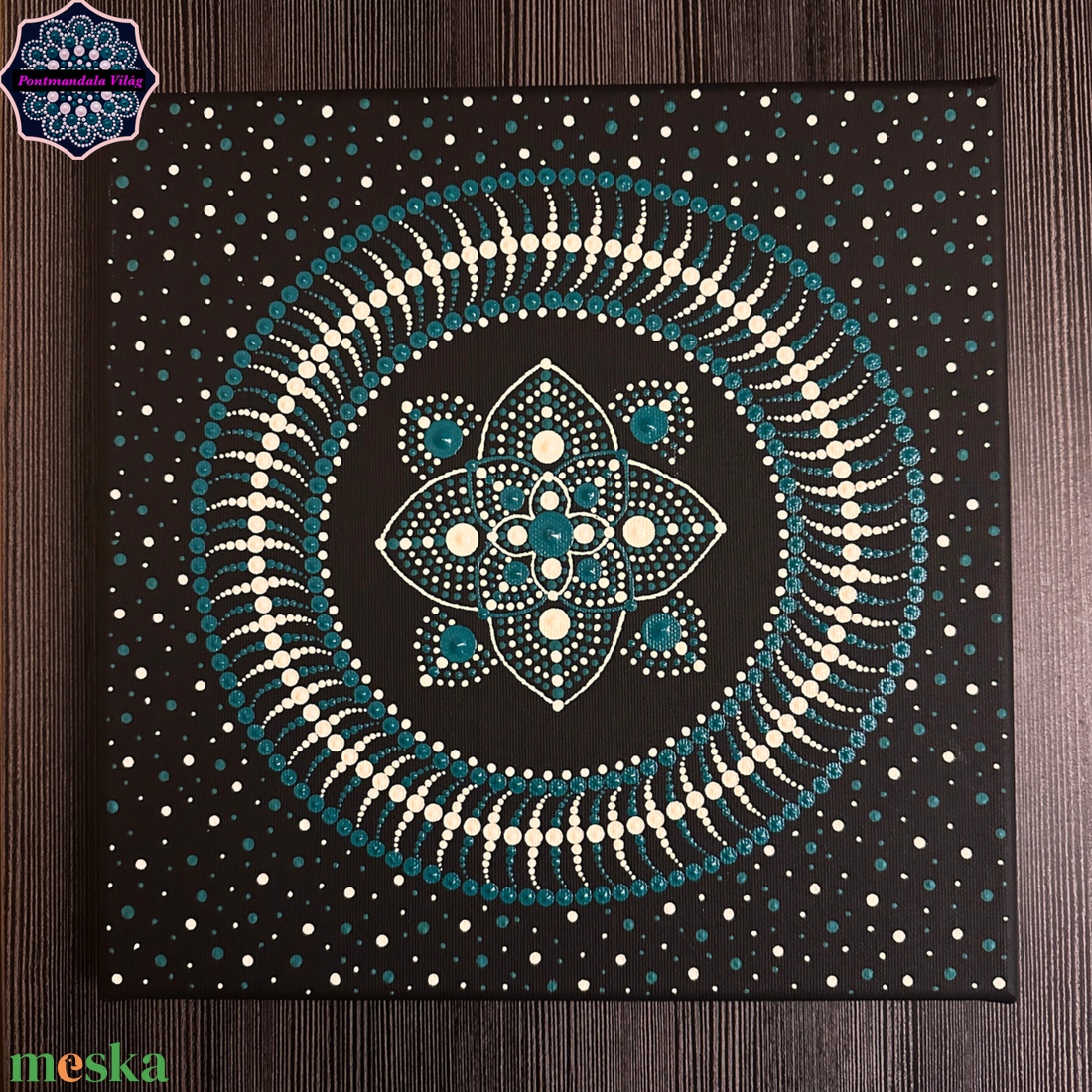 Türkiz-elefántcsont pontmandala festmény, 30X30 cm-es feszített vászon - művészet - festmény - akril - Meska.hu Türkiz-elefántcsont pontmandala festmény, 30X30 cm-es feszített vászon - művészet - festmény - akril - Meska.hu