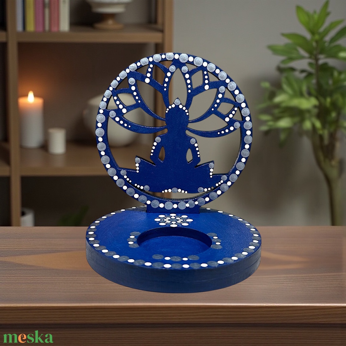 Buddha szimbólumos fa mécsestartó sötétkék, acélkék és fehér pontmandala díszítéssel, ajándék ledes mécsessel - otthon & életmód - gyertya, illat, aroma - mécses és mécsestartó - Meska.hu
