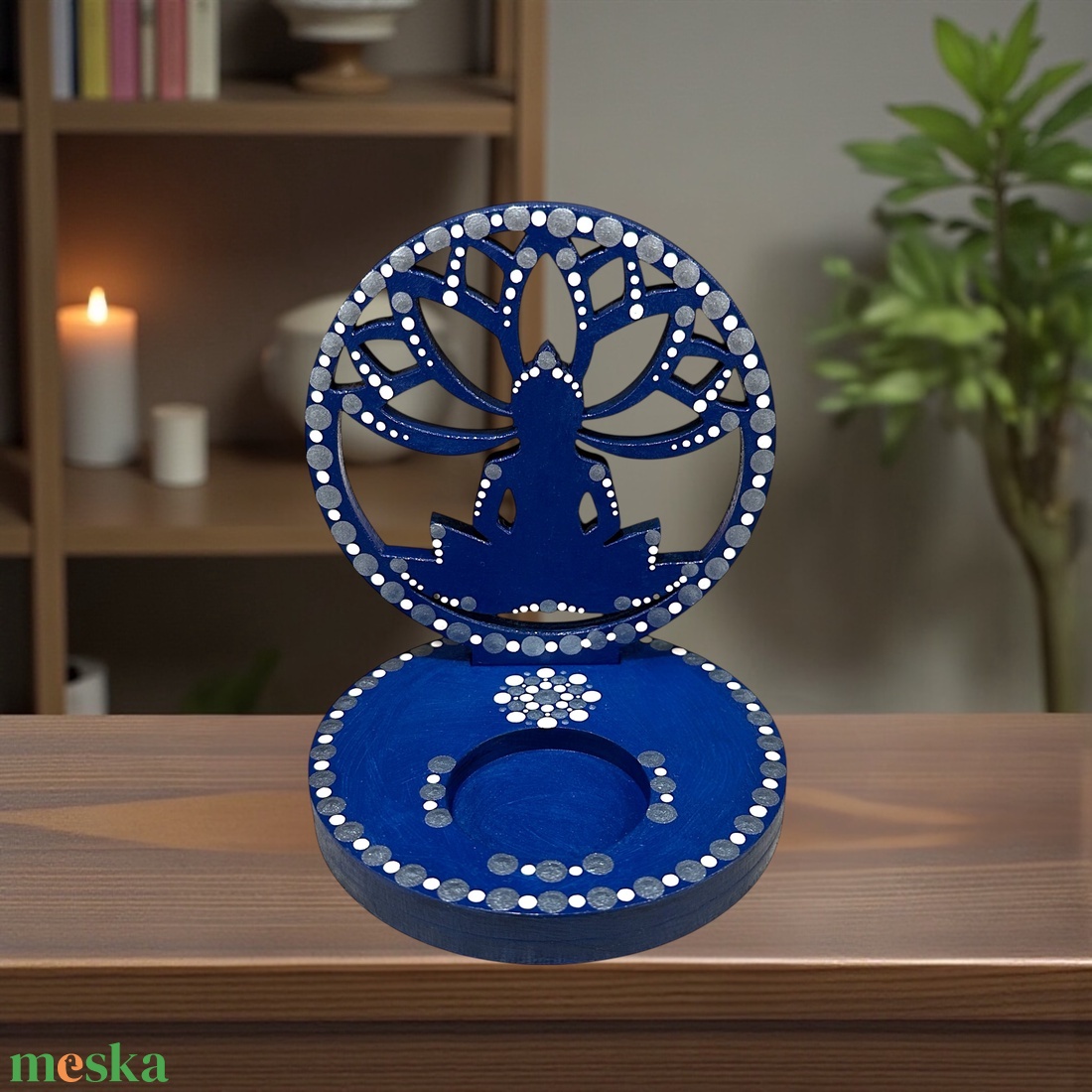 Buddha szimbólumos fa mécsestartó sötétkék, acélkék és fehér pontmandala díszítéssel, ajándék ledes mécsessel - otthon & életmód - gyertya, illat, aroma - mécses és mécsestartó - Meska.hu