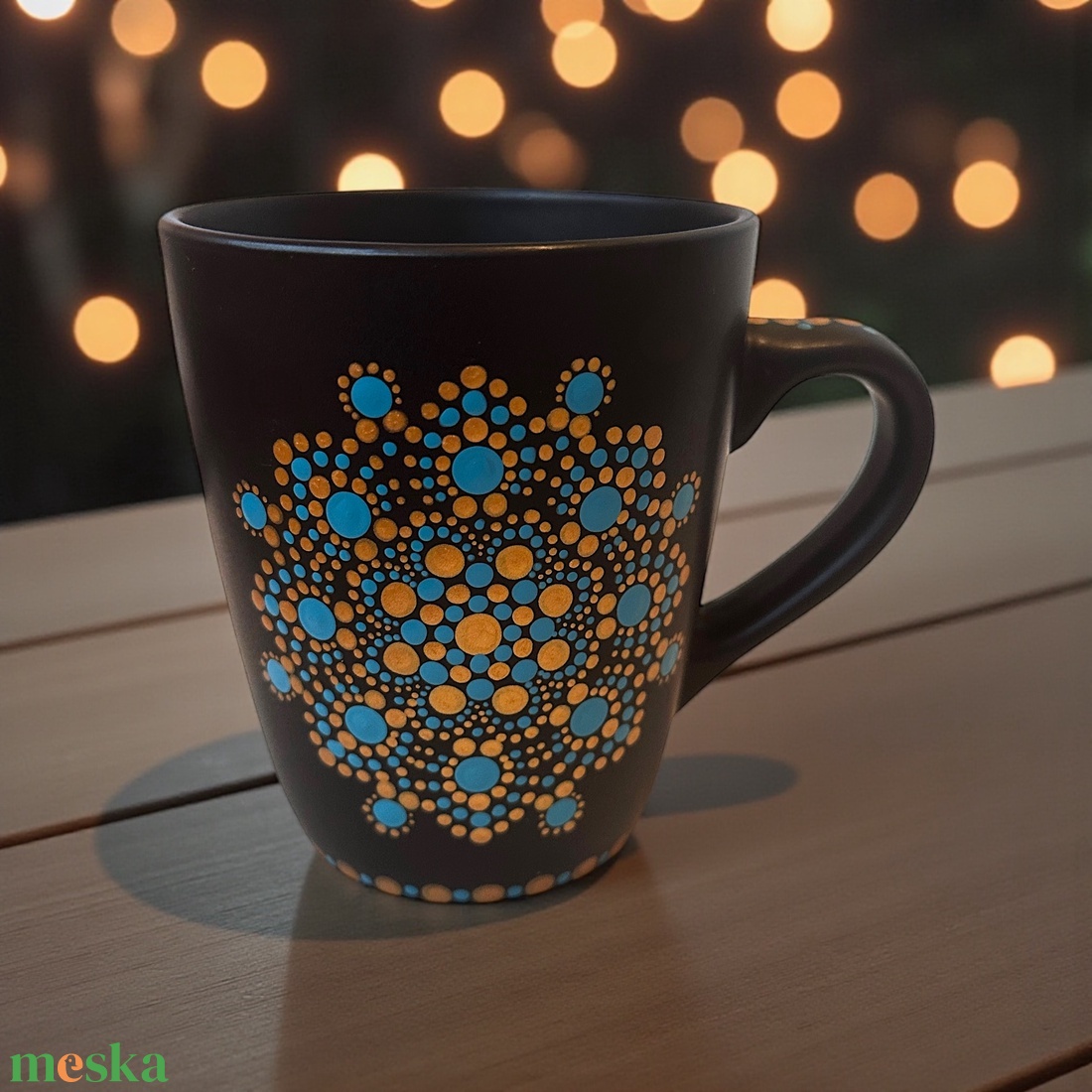 Türkiz és arany színű pontmandalával díszített 4 decis kerámia bögre - otthon & életmód - konyhafelszerelés, tálalás - tálalás - bögre & csésze - Meska.hu