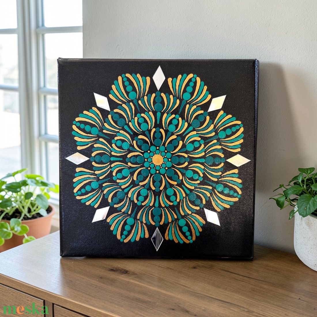 20x20 cm-es pontmandala festmény tükrökkel, feszített vászon zöld és arany pontmandalával  - művészet - festmény - akril - Meska.hu