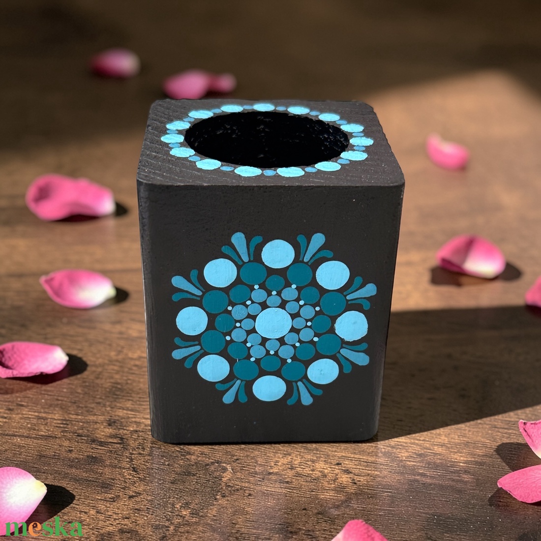 Fa mécsestartó 3 féle türkiz színű pontmandala díszítéssel, ajándék ledes mécsessel - otthon & életmód - gyertya, illat, aroma - mécses és mécsestartó - Meska.hu