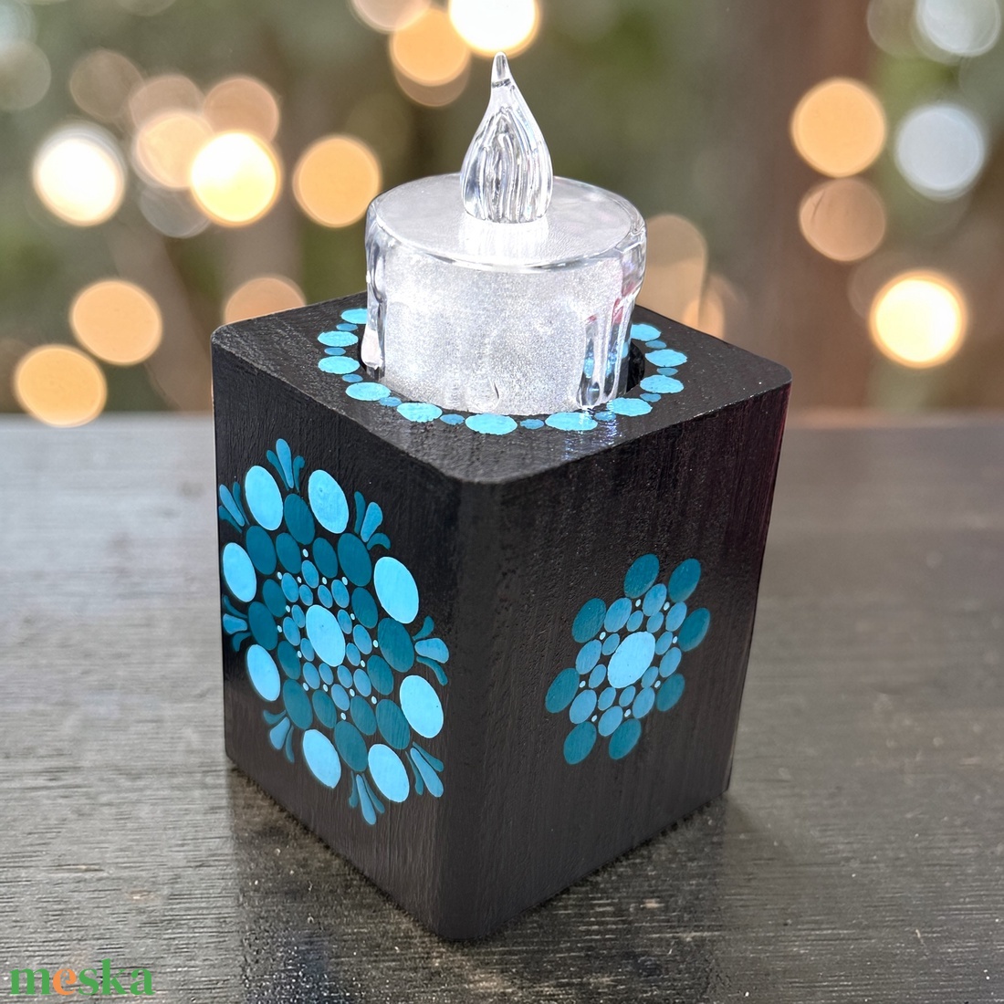 Fa mécsestartó 3 féle türkiz színű pontmandala díszítéssel, ajándék ledes mécsessel - otthon & életmód - gyertya, illat, aroma - mécses és mécsestartó - Meska.hu