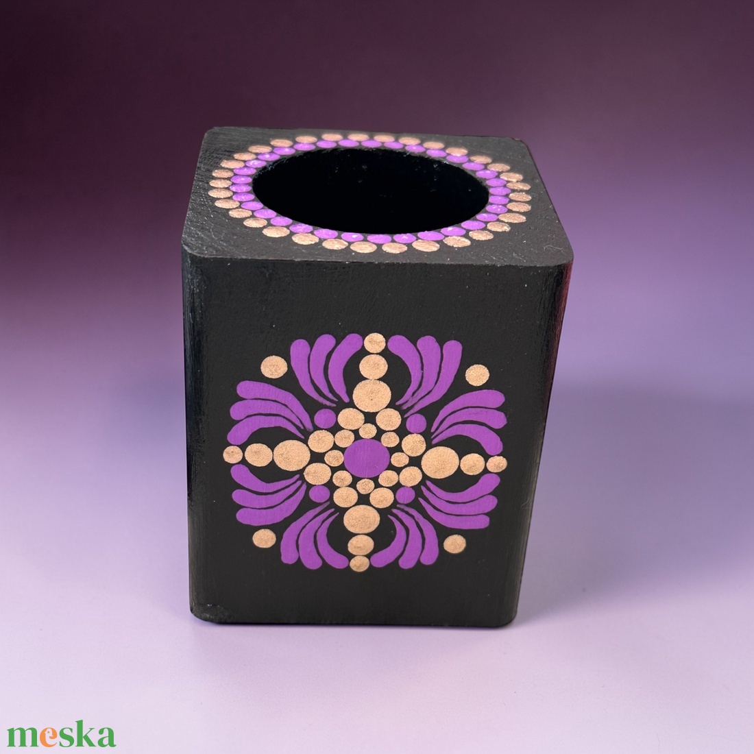 Fa mécsestartó lila és bronz színű pontmandala díszítéssel, ajándék ledes mécsessel - otthon & életmód - gyertya, illat, aroma - mécses és mécsestartó - Meska.hu