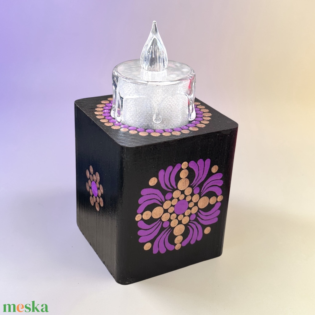 Fa mécsestartó lila és bronz színű pontmandala díszítéssel, ajándék ledes mécsessel - otthon & életmód - gyertya, illat, aroma - mécses és mécsestartó - Meska.hu
