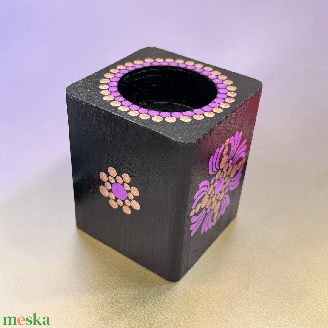Fa mécsestartó lila és bronz színű pontmandala díszítéssel, ajándék ledes mécsessel - otthon & életmód - gyertya, illat, aroma - mécses és mécsestartó - Meska.hu