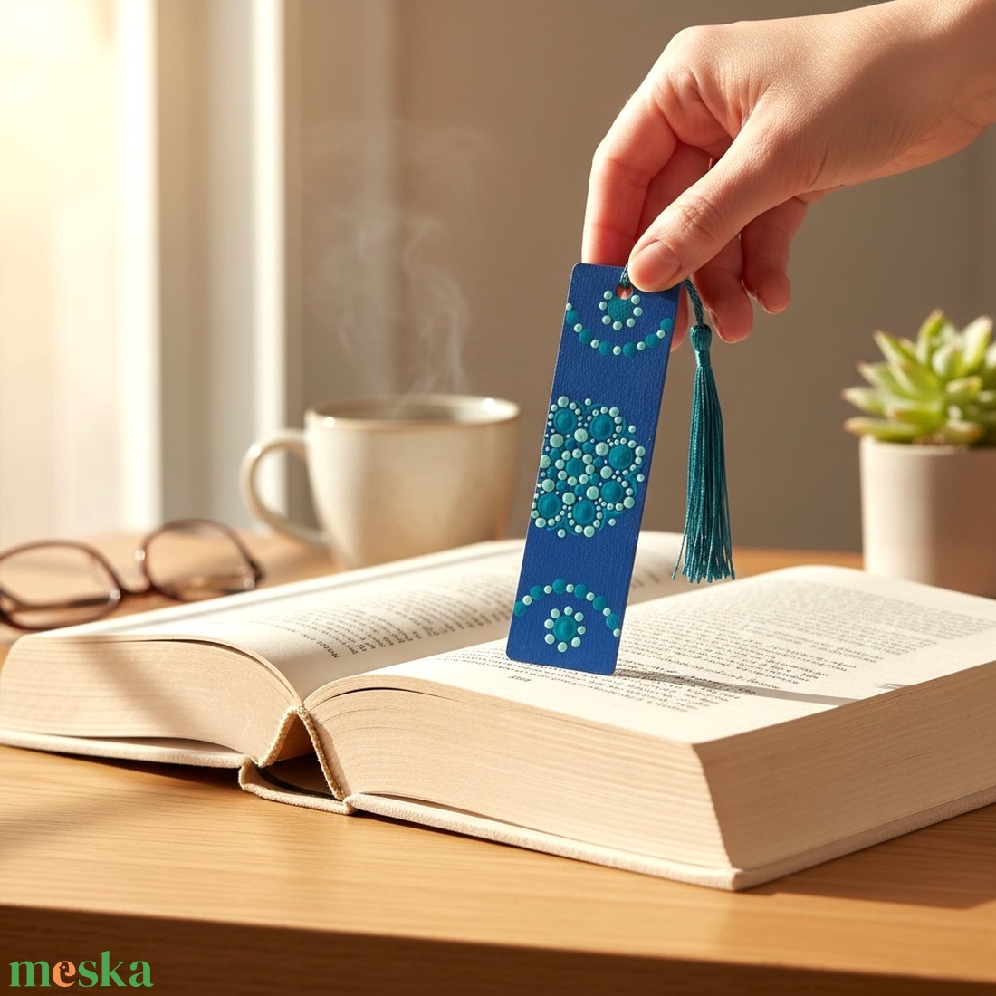 Fa könyvjelző zafír alapon menta zöld és türkiz pontmandala díszítéssel, selymes bojttal, 3,2x12x0,15 cm - rendelhető - könyv & zene - könyvjelző - Meska.hu
