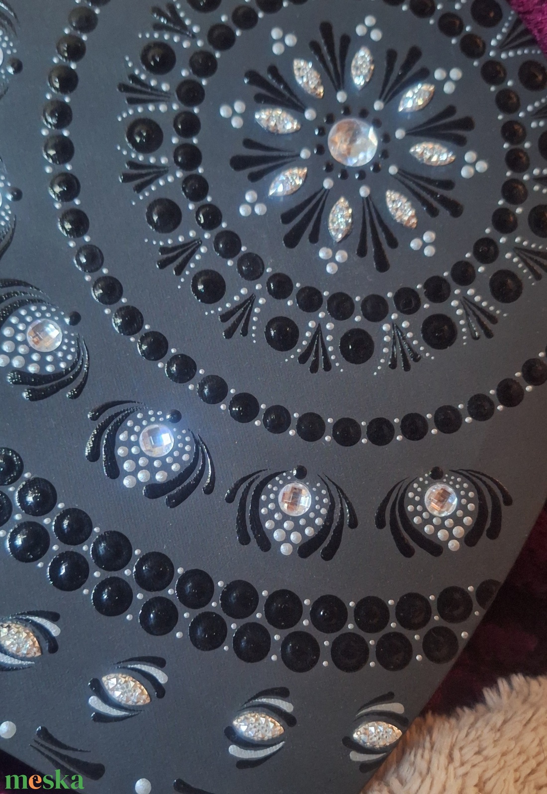 Szikrázó Éjszaka- szív alakú feszített vászon mandala 25cm kristályokkal díszítve - otthon & életmód - dekoráció - spiritualitás - mandala - Meska.hu