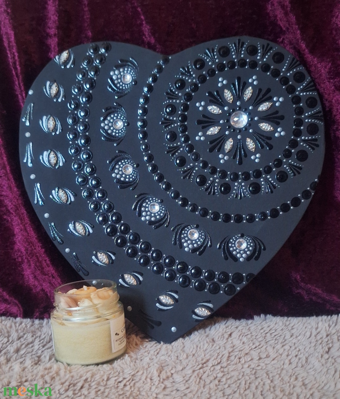 Szikrázó Éjszaka- szív alakú feszített vászon mandala 25cm kristályokkal díszítve - otthon & életmód - dekoráció - spiritualitás - mandala - Meska.hu