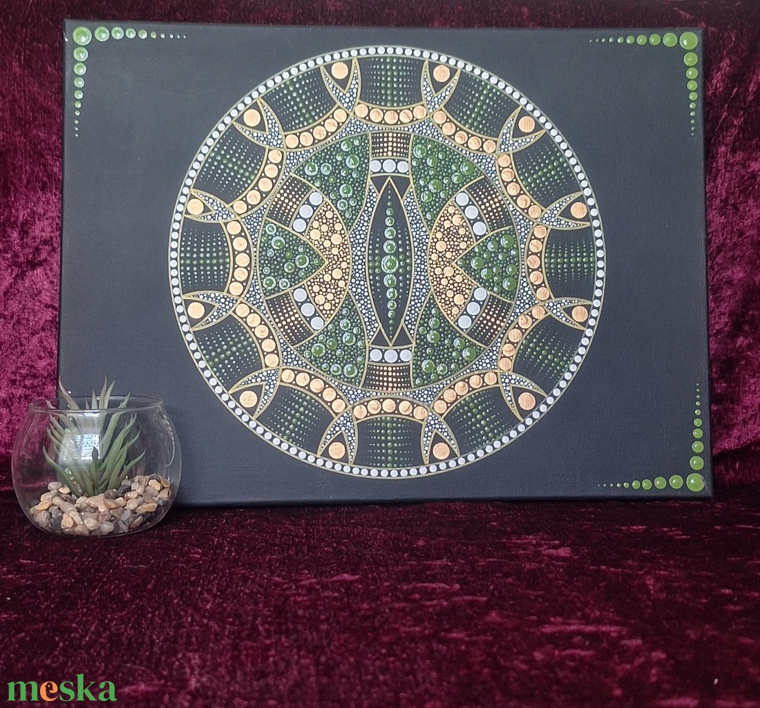 Zöld-arany mandala festmény 40x30cm - otthon & életmód - dekoráció - spiritualitás - mandala - Meska.hu