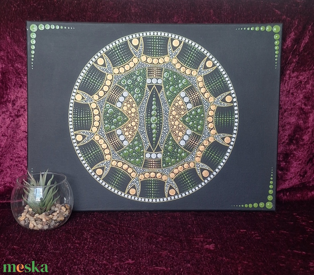 Zöld-arany mandala festmény 40x30cm - otthon & életmód - dekoráció - spiritualitás - mandala - Meska.hu
