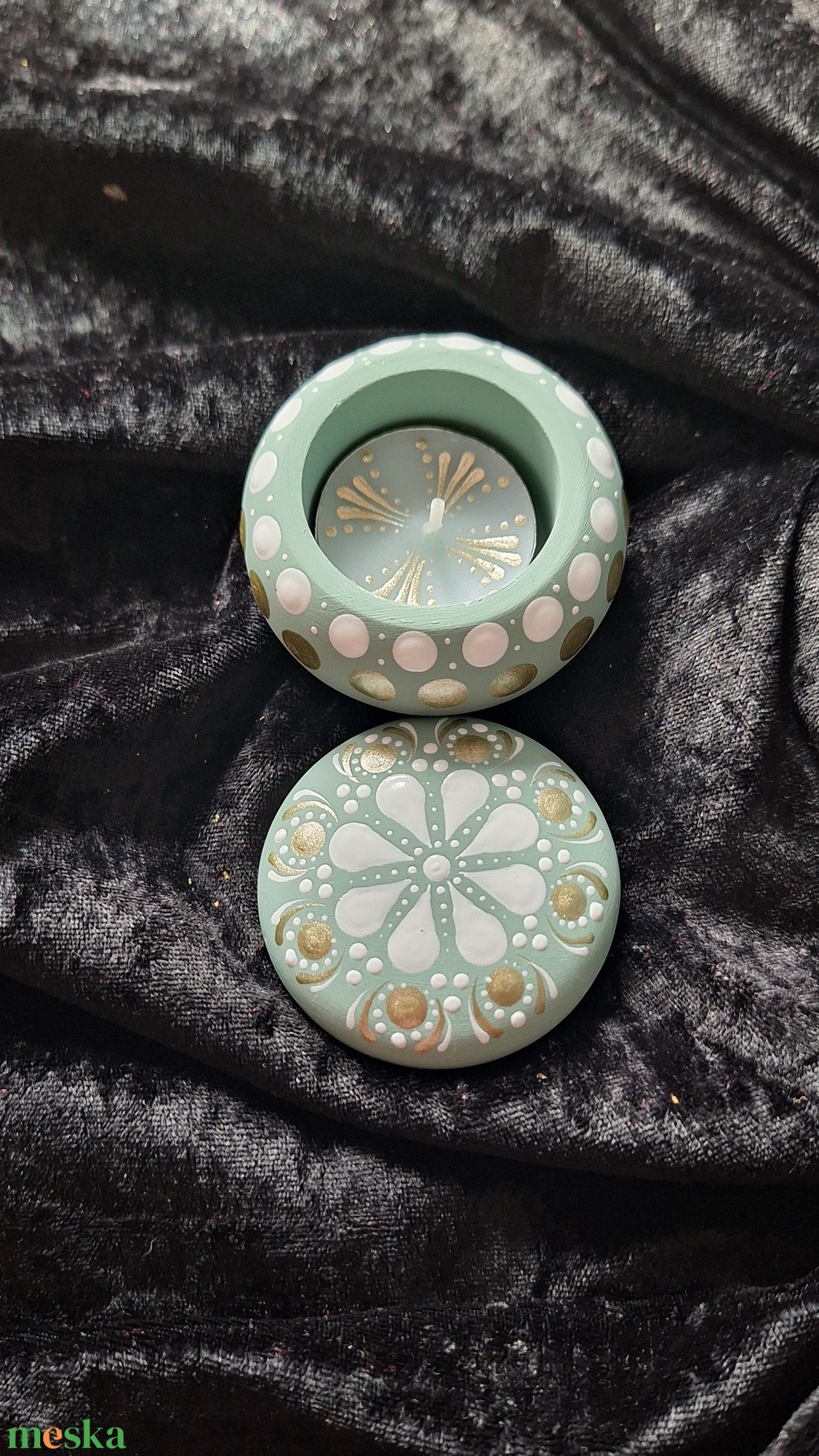  Mandala Mécsestartó Tetővel � Zsályazöld és Arany - otthon & életmód - gyertya, illat, aroma - mécses és mécsestartó - Meska.hu