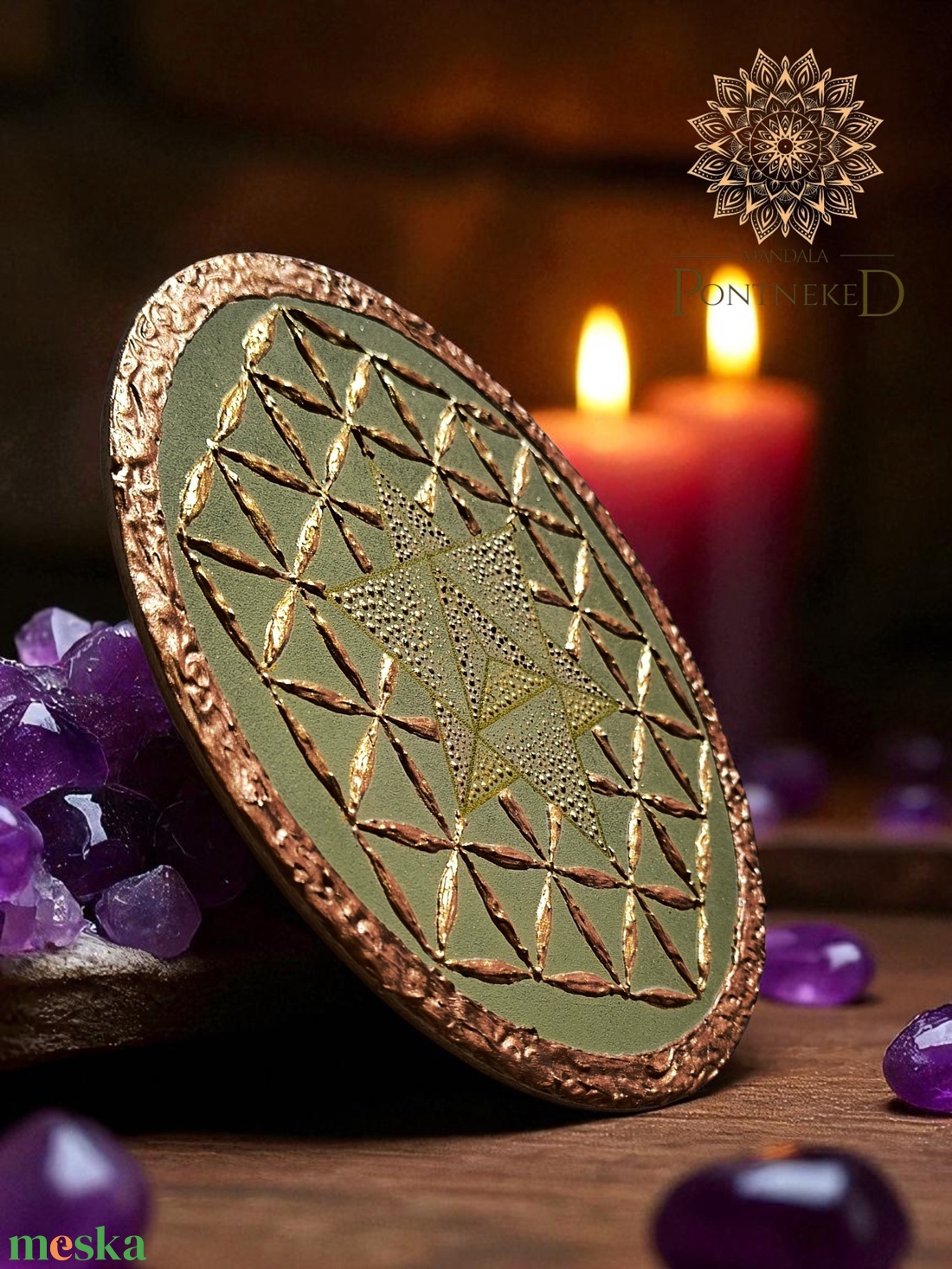 Élet virága - Merkaba - mandala táblakép (arany, bronz- vintage zöld) - otthon & életmód - dekoráció - kép & falikép - táblakép - Meska.hu