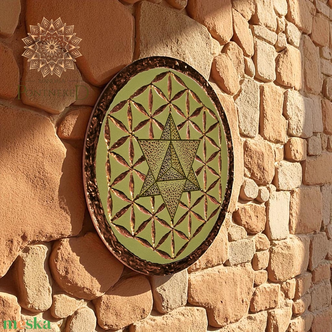 Élet virága - Merkaba - mandala táblakép (arany, bronz- vintage zöld) - otthon & életmód - dekoráció - kép & falikép - táblakép - Meska.hu