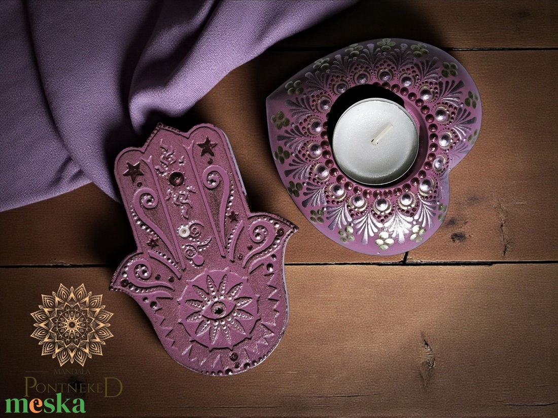 Hamsa kéz - szív mécsestartó szett (ezüst-arany-lila metál) - otthon & életmód - dekoráció - asztal és polc dekoráció - asztaldísz - Meska.hu