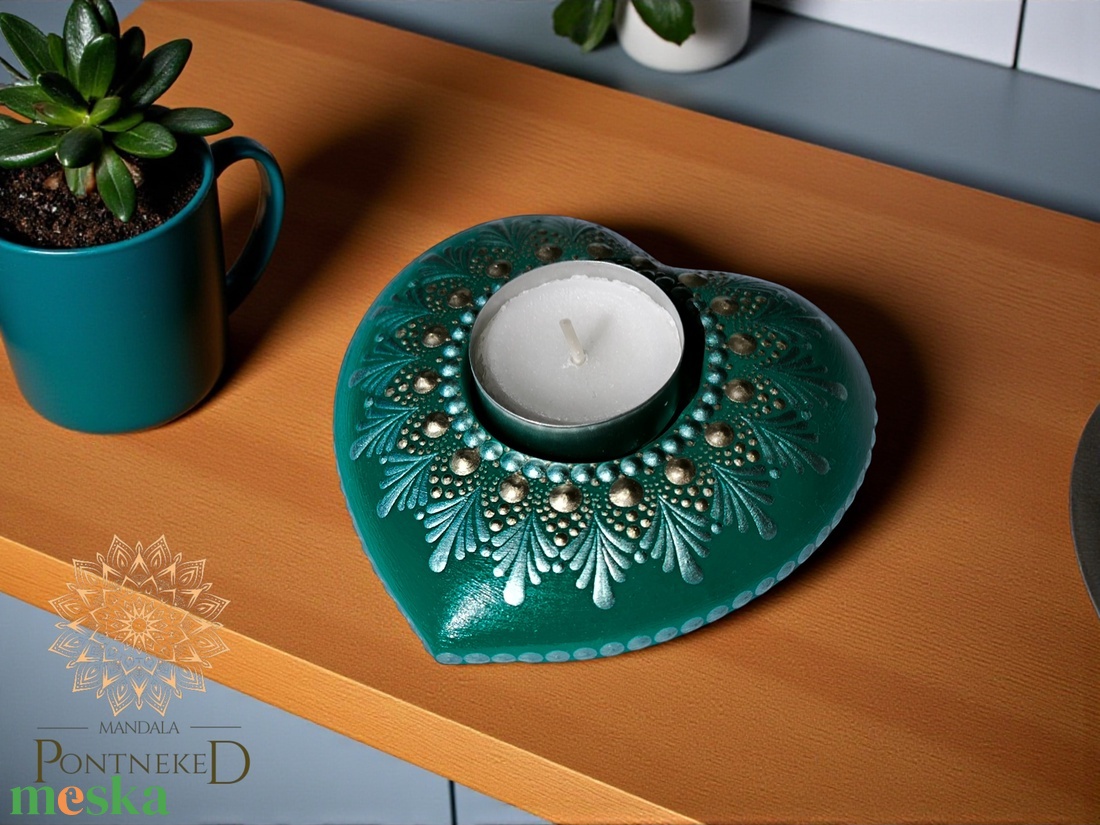 Szív alakú mandala mécsestartó (zöld-arany) - otthon & életmód - gyertya, illat, aroma - mécses és mécsestartó - Meska.hu
