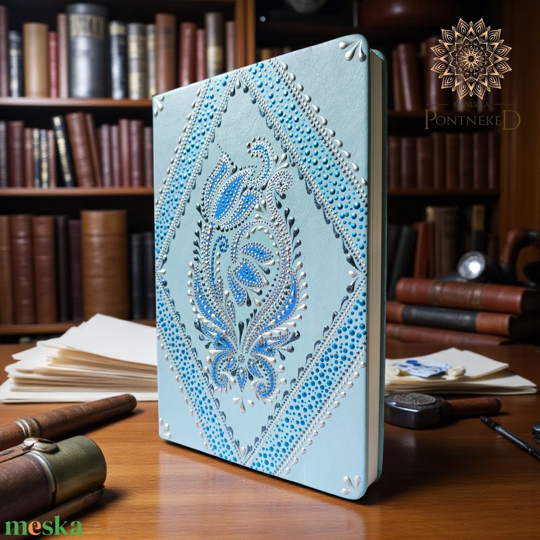 Világoskék virágmotívumos mandala notesz (A/5, kemény fedeles) - otthon & életmód - papír, írószer - jegyzetfüzet & napló - Meska.hu