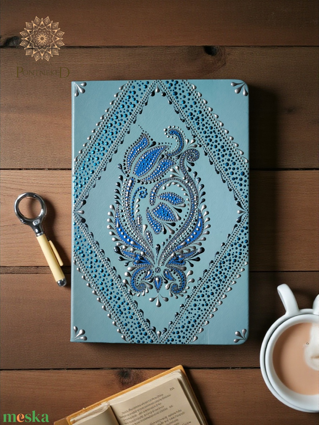 Világoskék virágmotívumos mandala notesz (A/5, kemény fedeles) - otthon & életmód - papír, írószer - jegyzetfüzet & napló - Meska.hu