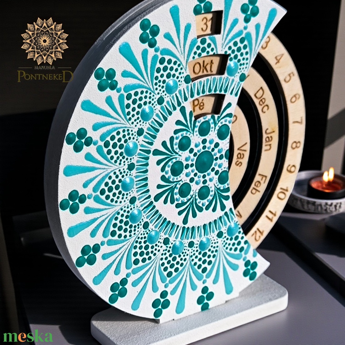 Mandala szett - mini öröknaptár és jin jang mécsestató (fehér-türkiz) - otthon & életmód - dekoráció - fali és függő dekoráció - falinaptár & öröknaptár - Meska.hu