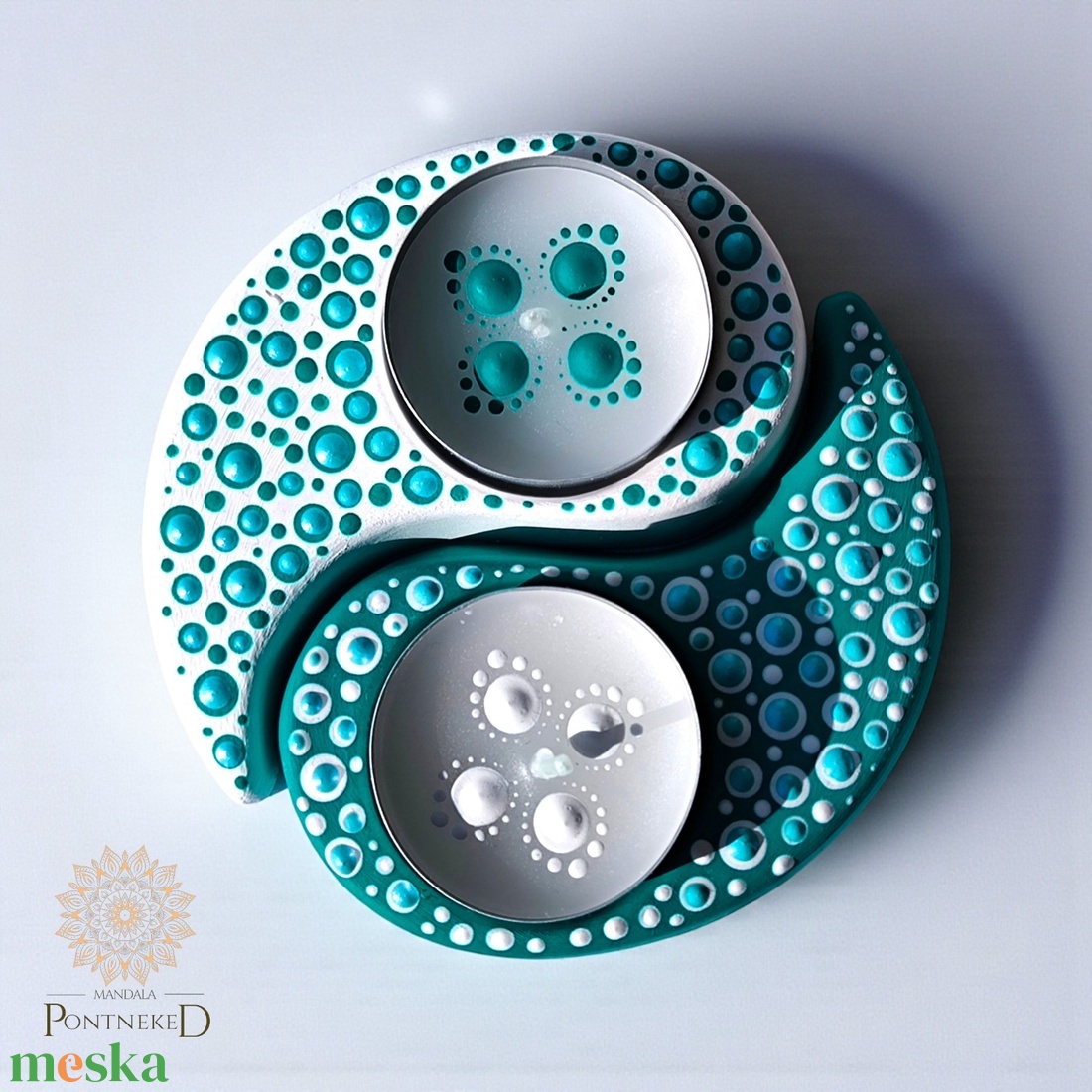 Mandala szett - mini öröknaptár és jin jang mécsestató (fehér-türkiz) - otthon & életmód - dekoráció - fali és függő dekoráció - falinaptár & öröknaptár - Meska.hu