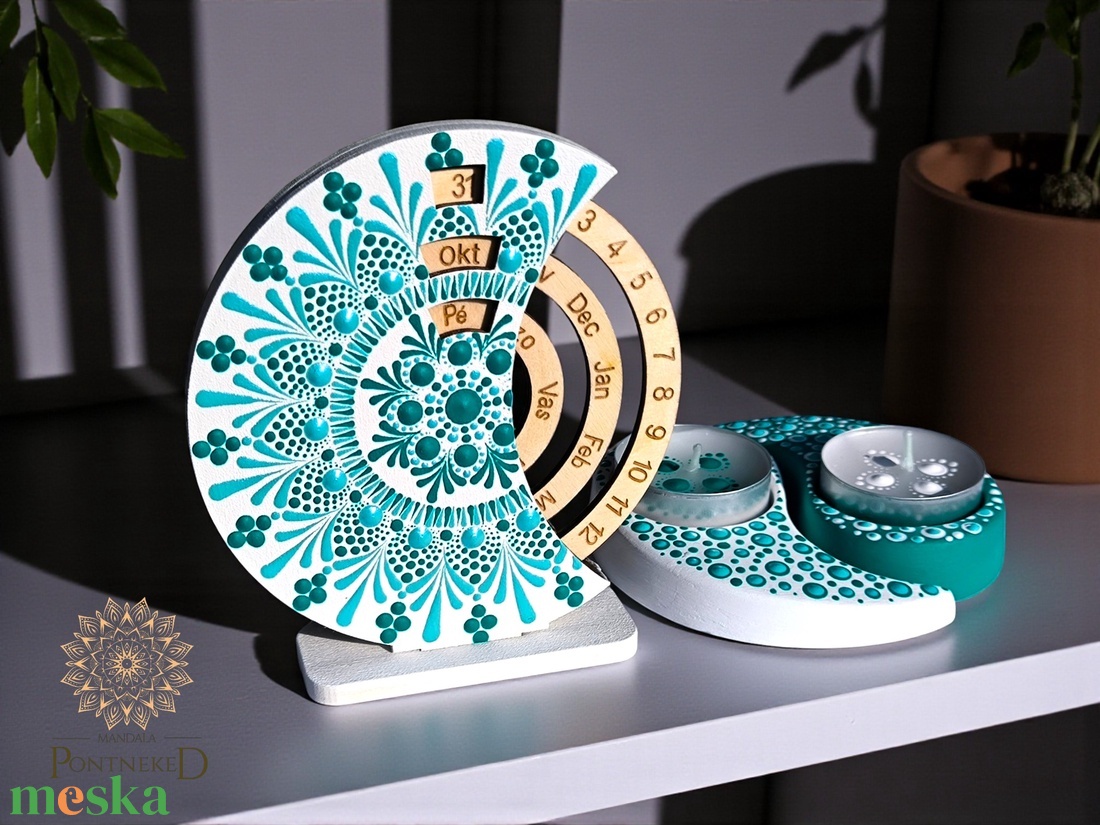 Mandala szett - mini öröknaptár és jin jang mécsestató (fehér-türkiz) - otthon & életmód - dekoráció - fali és függő dekoráció - falinaptár & öröknaptár - Meska.hu