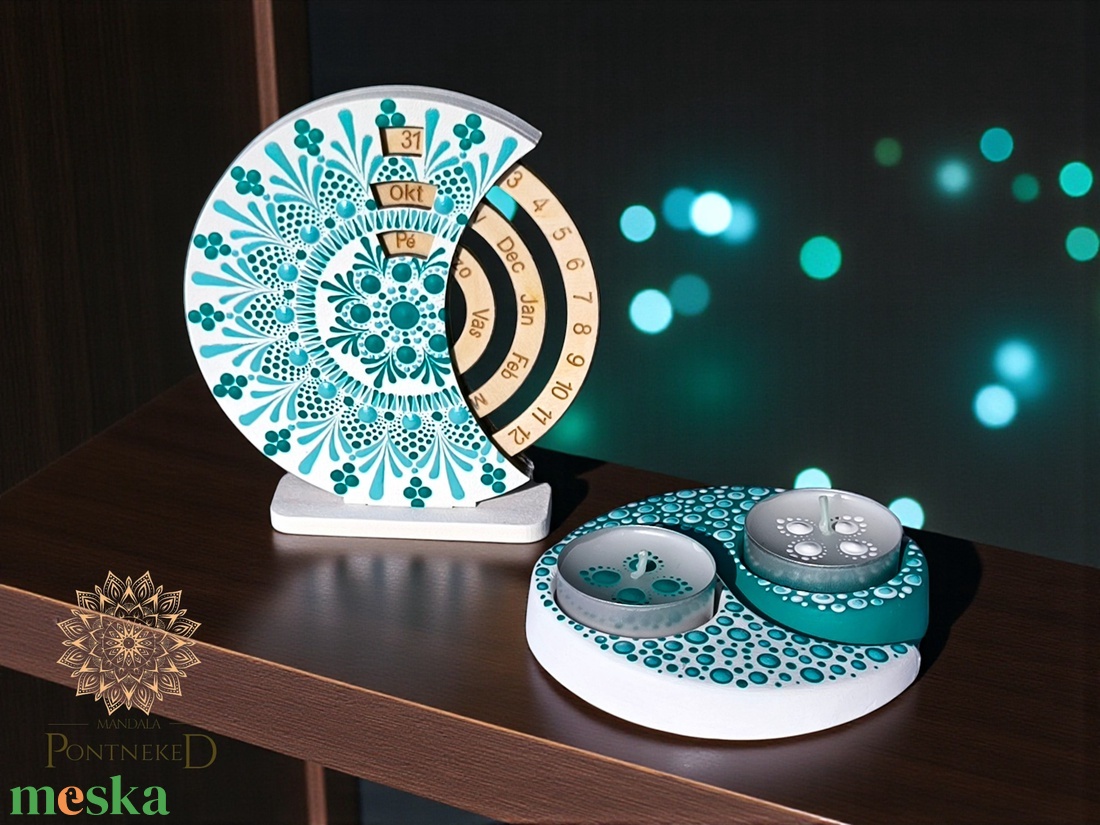 Mandala szett - mini öröknaptár és jin jang mécsestató (fehér-türkiz) - otthon & életmód - dekoráció - fali és függő dekoráció - falinaptár & öröknaptár - Meska.hu