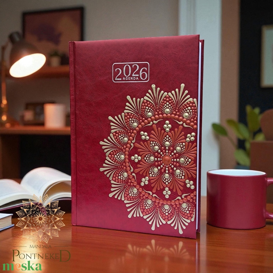 Nagy méretű (A/5) 2026-os mandala határidőnapló (bordó) - otthon & életmód - papír, írószer - naptár & tervező - Meska.hu