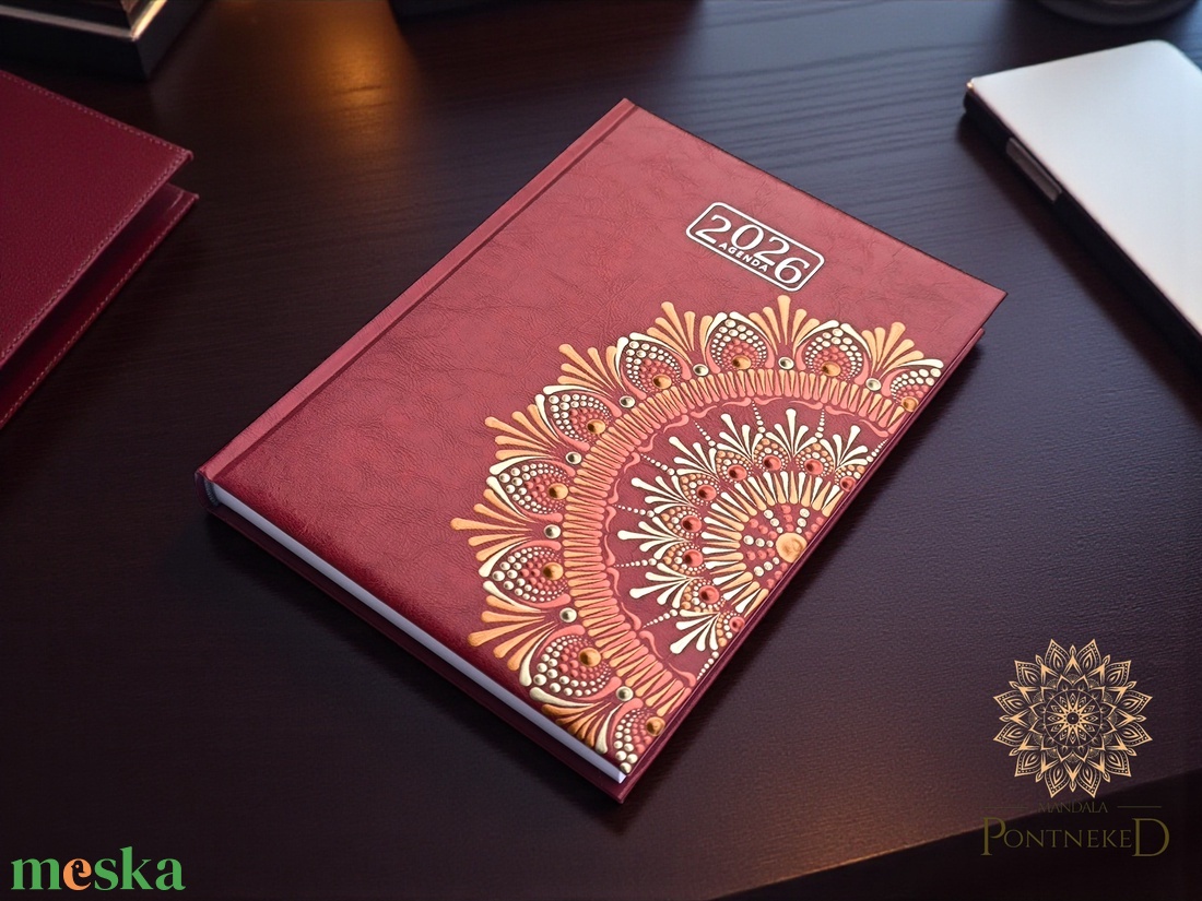 Nagy méretű, bordó(A/5) 2026-os mandala határidőnapló  (bronz-fehérarany-vörösréz) - otthon & életmód - papír, írószer - naptár & tervező - Meska.hu