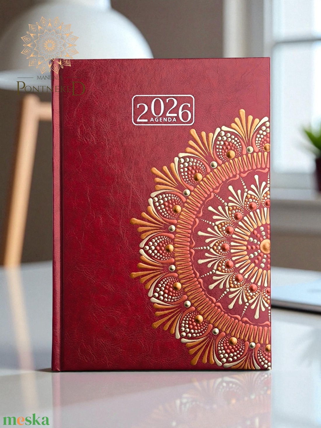 Nagy méretű, bordó(A/5) 2026-os mandala határidőnapló  (bronz-fehérarany-vörösréz) - otthon & életmód - papír, írószer - naptár & tervező - Meska.hu