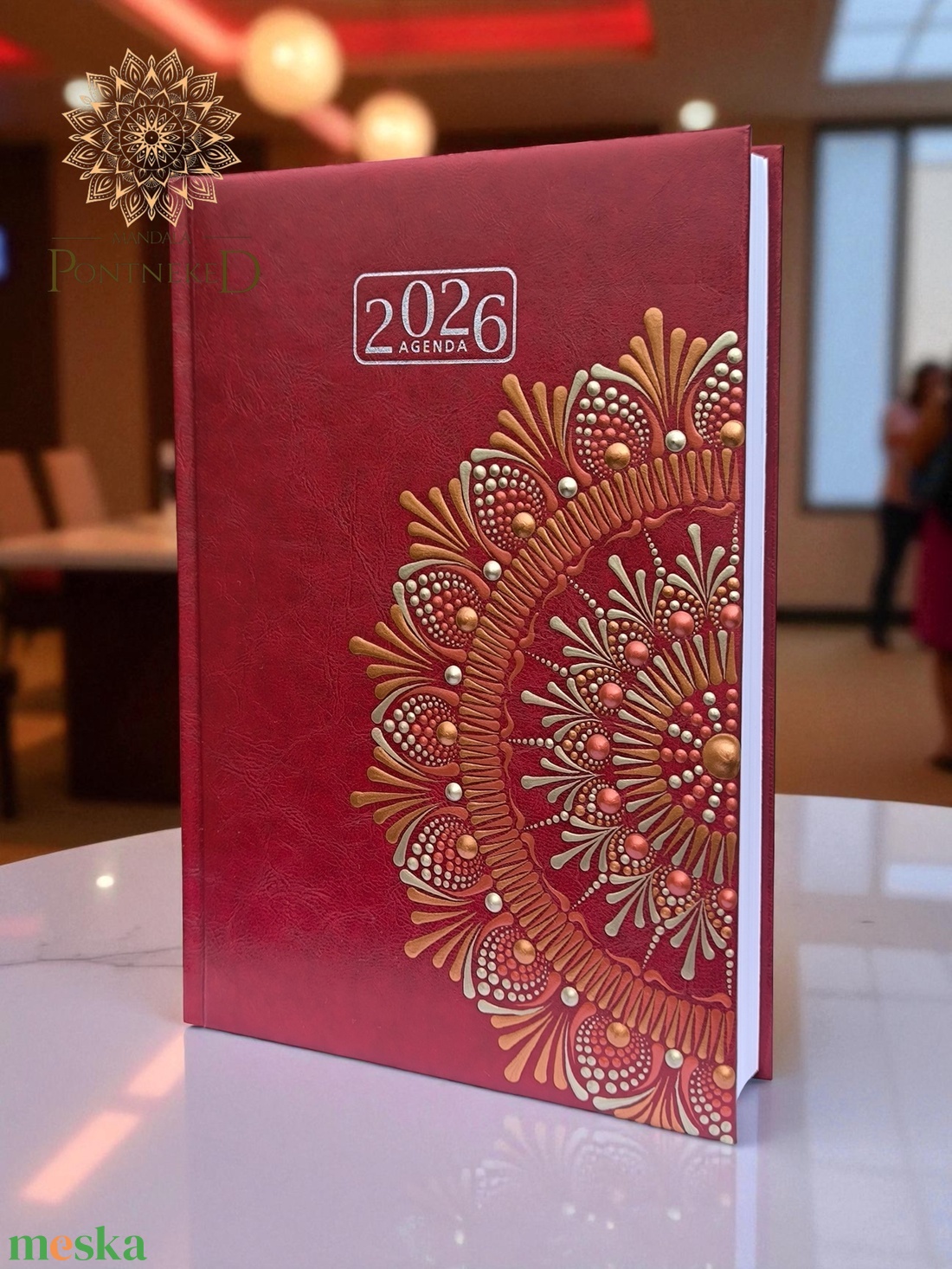 Nagy méretű, bordó(A/5) 2026-os mandala határidőnapló  (bronz-fehérarany-vörösréz) - otthon & életmód - papír, írószer - naptár & tervező - Meska.hu