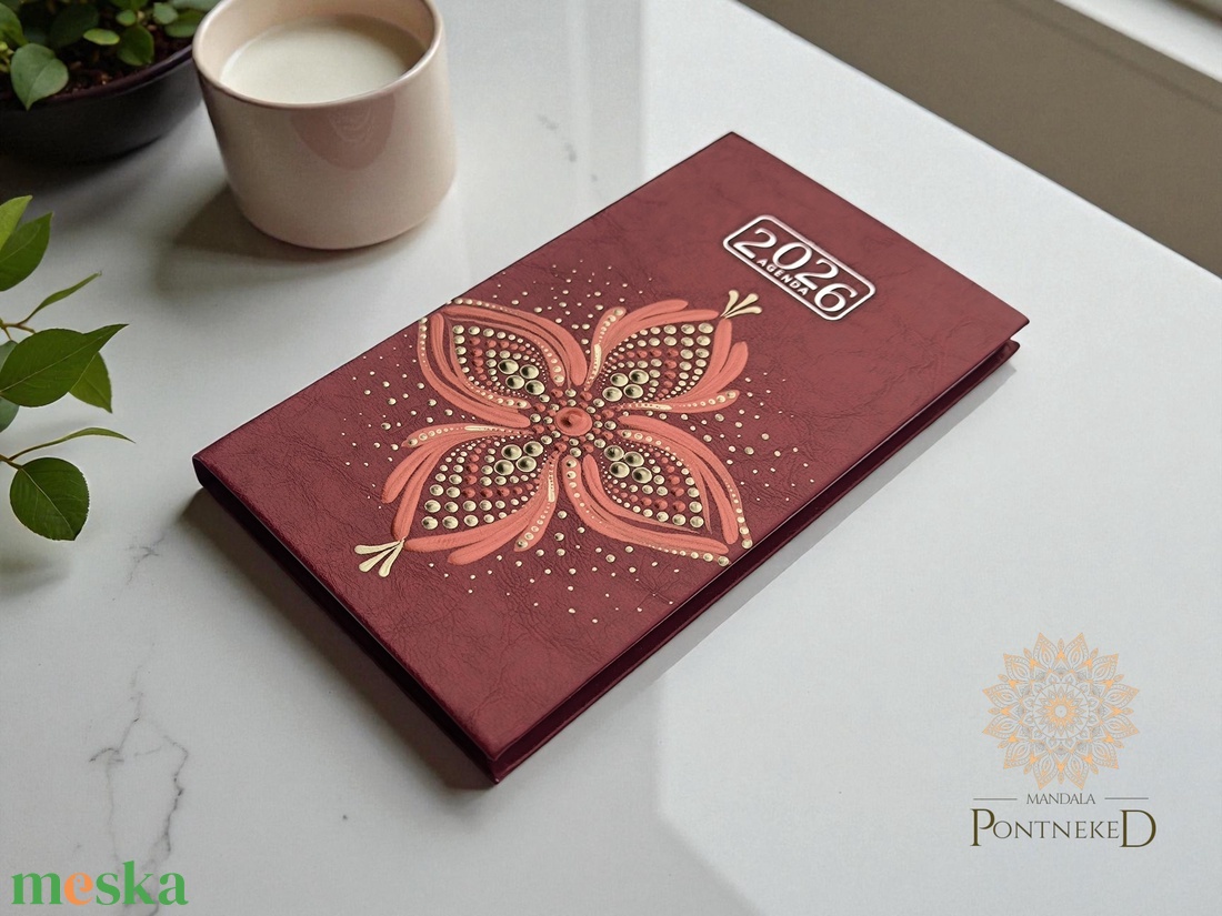 Mandala határidőnapló, bordó, 2026, kis méretű (fehérarany, vörösréz) - otthon & életmód - papír, írószer - naptár & tervező - Meska.hu