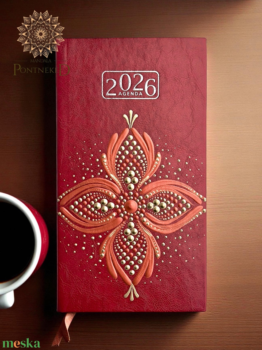 Mandala határidőnapló, bordó, 2026, kis méretű (fehérarany, vörösréz) - otthon & életmód - papír, írószer - naptár & tervező - Meska.hu