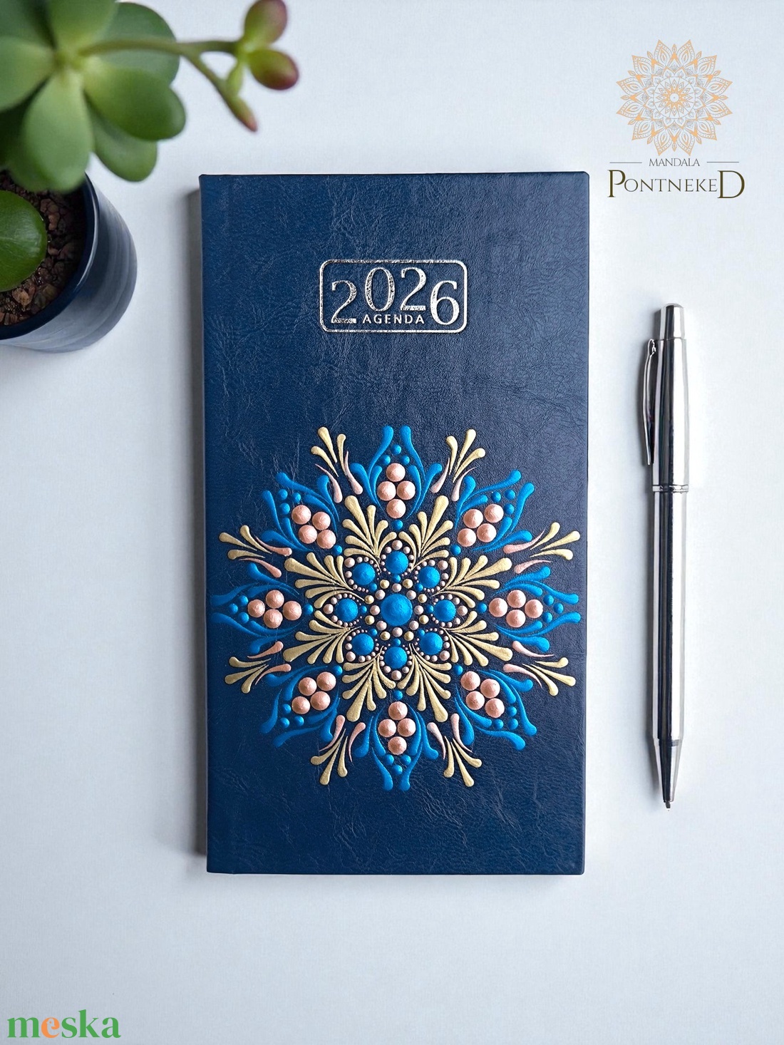 Mandala határidőnapló 2026, kis méretű, kék (kék, rózsarany, fehérarany) - otthon & életmód - papír, írószer - naptár & tervező - Meska.hu
