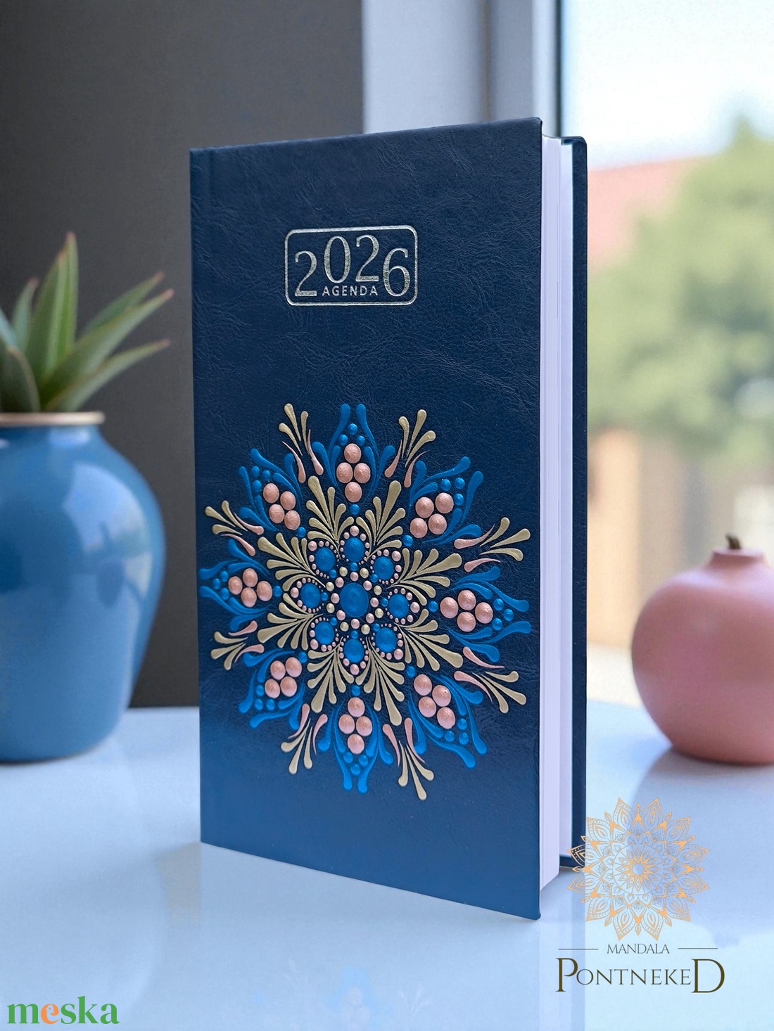 Mandala határidőnapló 2026, kis méretű, kék (kék, rózsarany, fehérarany) - otthon & életmód - papír, írószer - naptár & tervező - Meska.hu