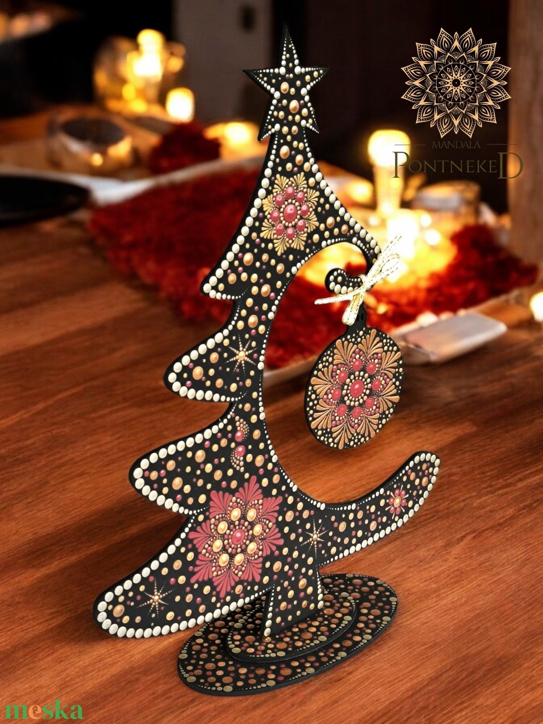 Mandalával díszített karácsonyfa asztali dísz (fehérarany-, vörösarany-, és  bordó- metál) - karácsony - karácsonyi lakásdekoráció - ünnepi asztaldekoráció - Meska.hu