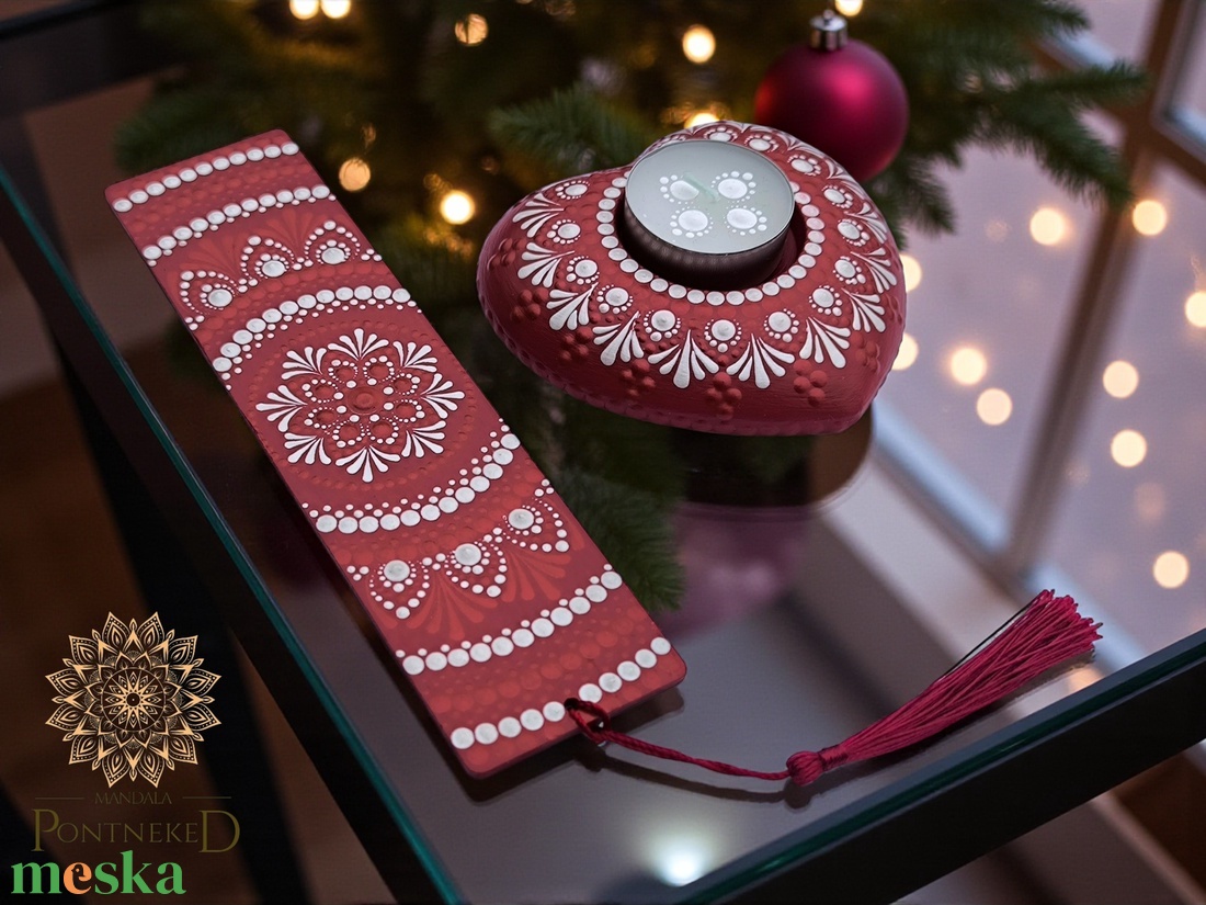 Mandala könyvjelző- és szív mécsestartó szett (vörösbor) - könyv & zene - könyvjelző - Meska.hu